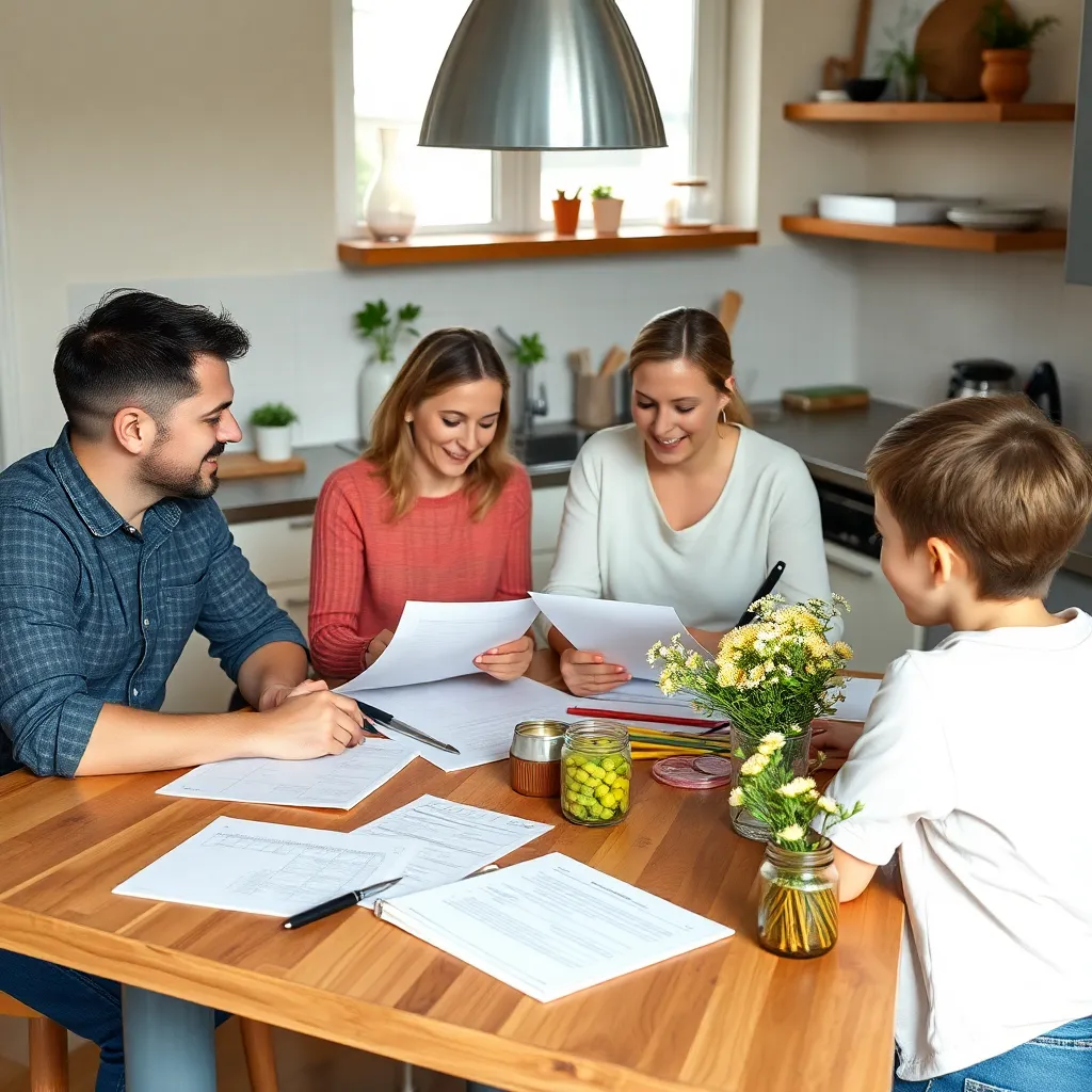 Familie die financiële planning doet aan de keukentafel
