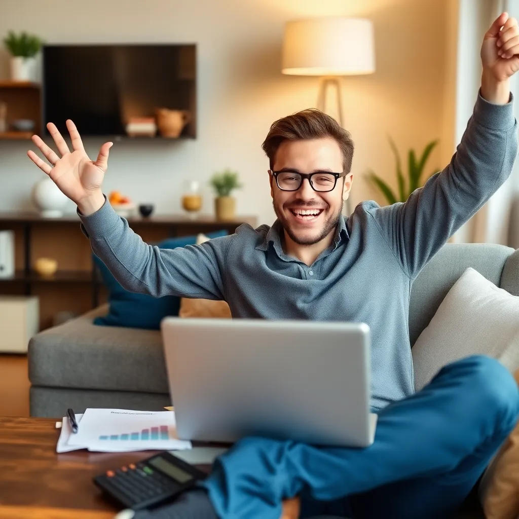 Persoon die financiële vrijheid viert door laptop te gebruiken bij een koffietafel